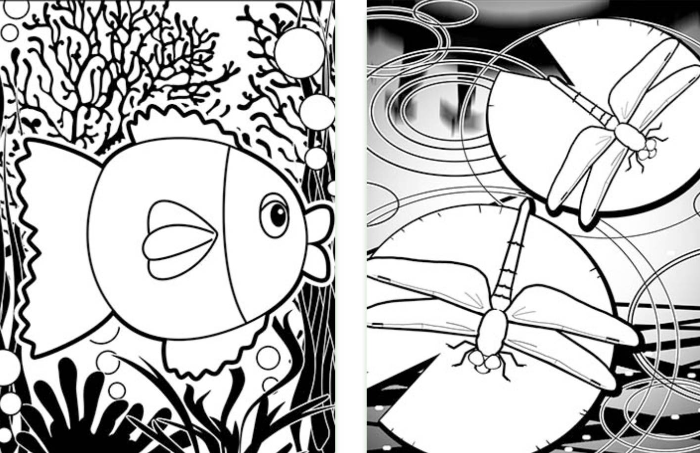 Two coloring pages. One has a fish and the other has two dragonflies on lily pads